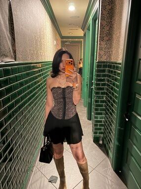 Strapless Lace Corset Top in Black and Taupe